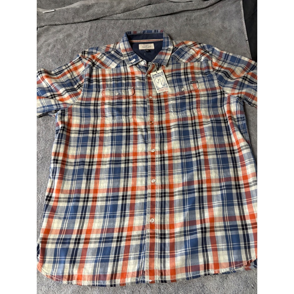 Flag Anthem Mens XXL Plaid Short Sleeve Western Button Dow Shirt Blue Orange NEW
